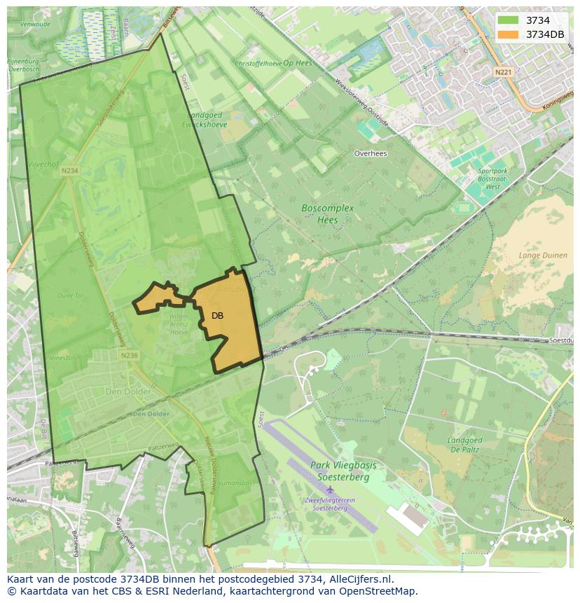 Afbeelding van het postcodegebied 3734 DB op de kaart.