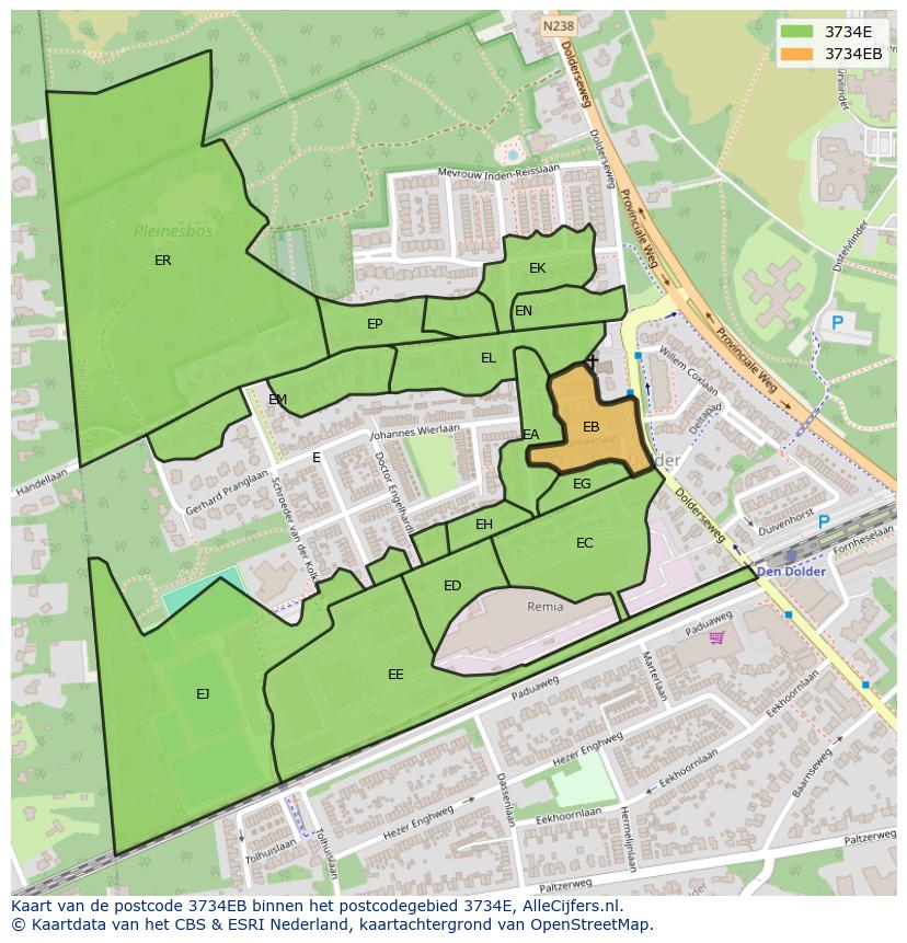 Afbeelding van het postcodegebied 3734 EB op de kaart.