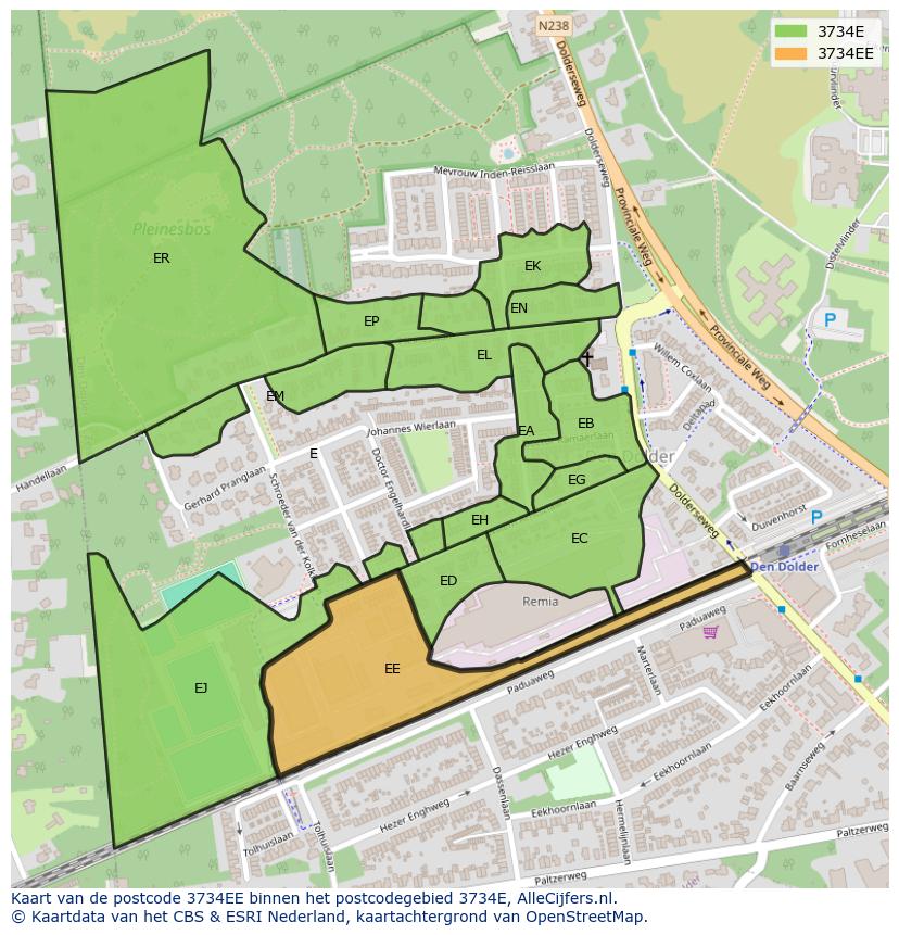 Afbeelding van het postcodegebied 3734 EE op de kaart.