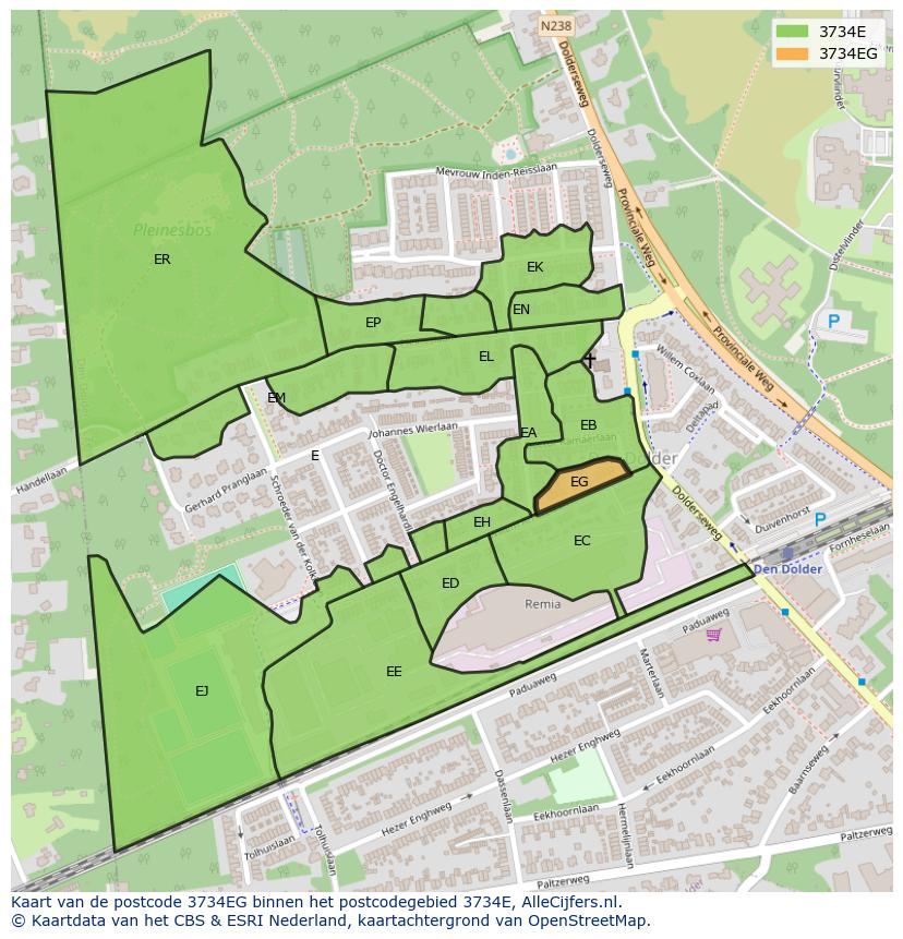Afbeelding van het postcodegebied 3734 EG op de kaart.