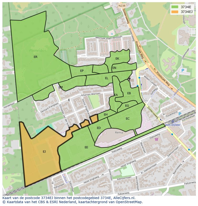 Afbeelding van het postcodegebied 3734 EJ op de kaart.