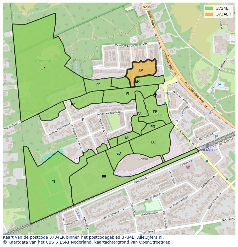 Afbeelding van het postcodegebied 3734 EK op de kaart.