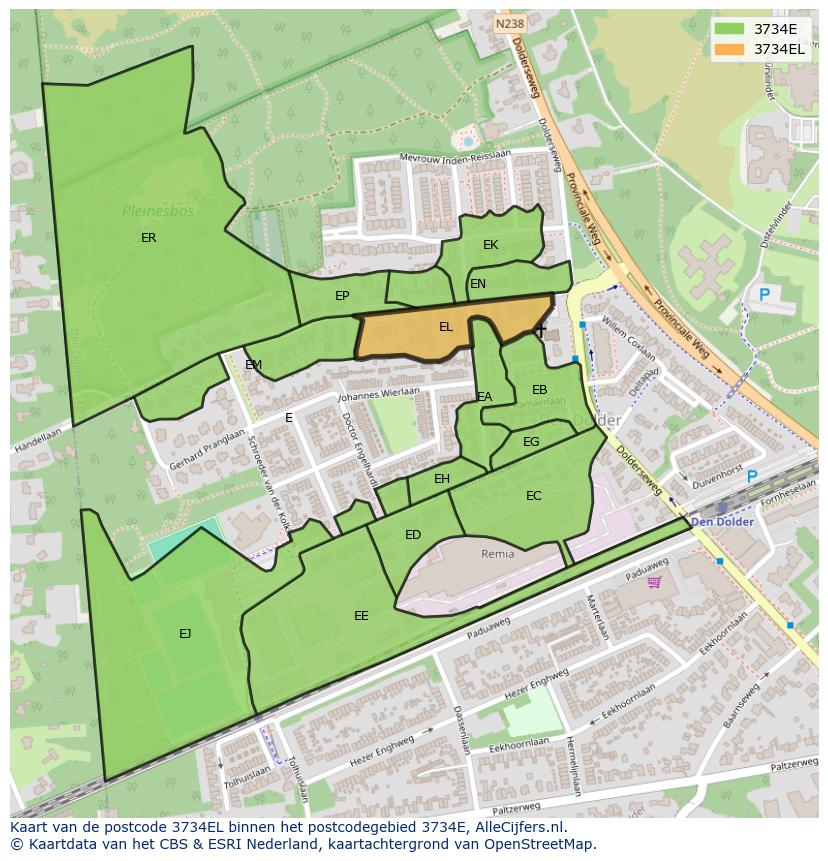 Afbeelding van het postcodegebied 3734 EL op de kaart.