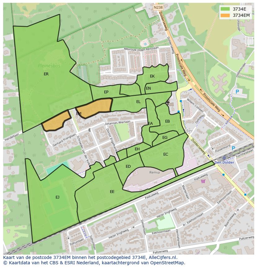 Afbeelding van het postcodegebied 3734 EM op de kaart.