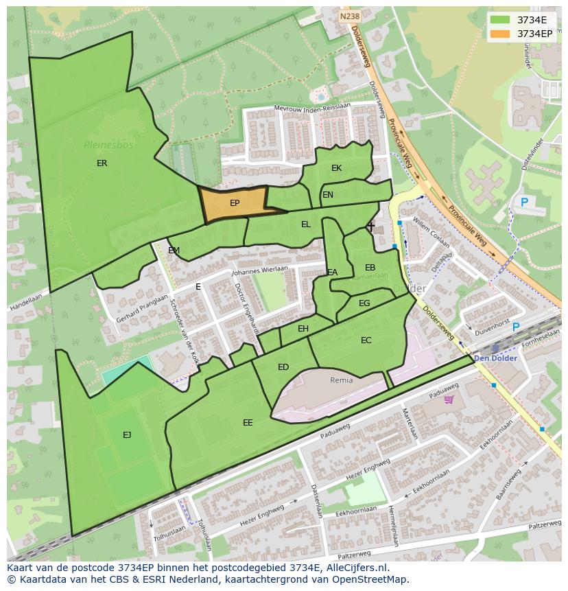 Afbeelding van het postcodegebied 3734 EP op de kaart.