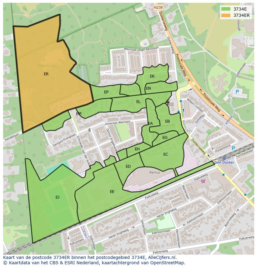 Afbeelding van het postcodegebied 3734 ER op de kaart.