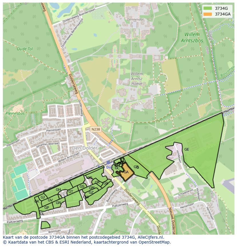 Afbeelding van het postcodegebied 3734 GA op de kaart.