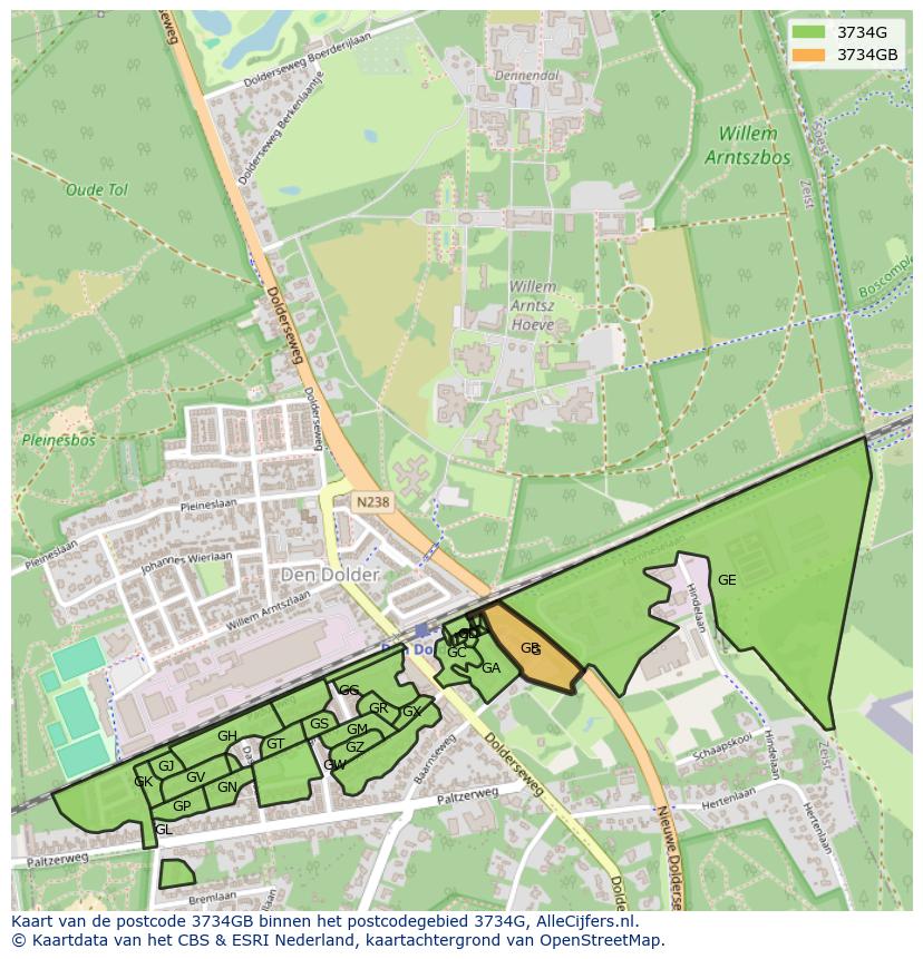 Afbeelding van het postcodegebied 3734 GB op de kaart.