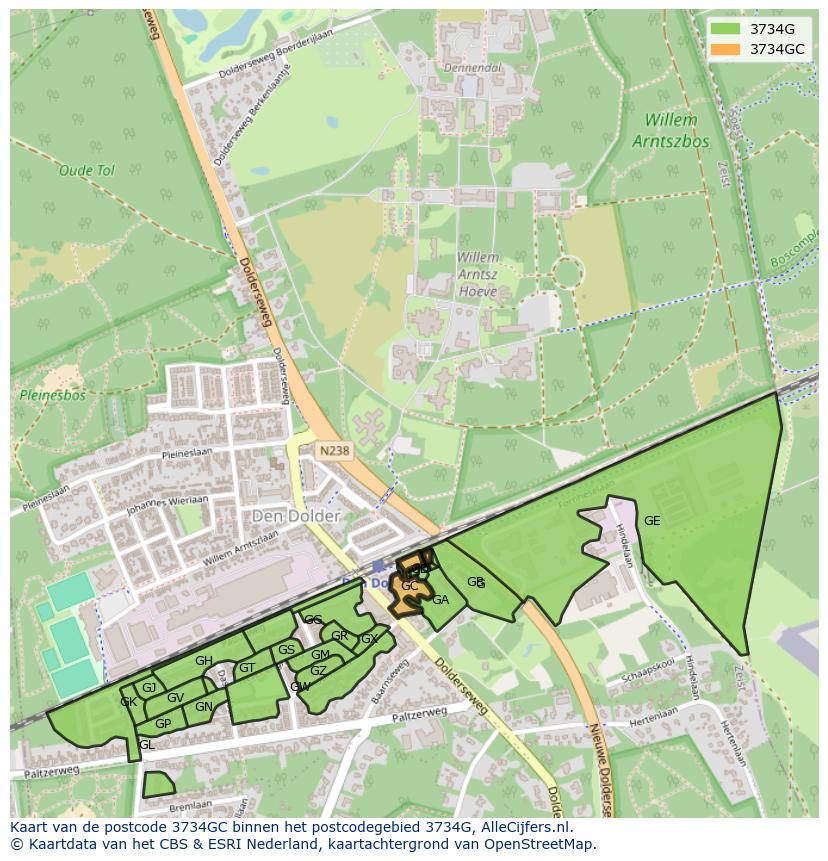 Afbeelding van het postcodegebied 3734 GC op de kaart.