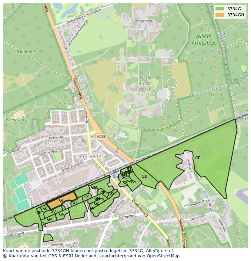 Afbeelding van het postcodegebied 3734 GH op de kaart.