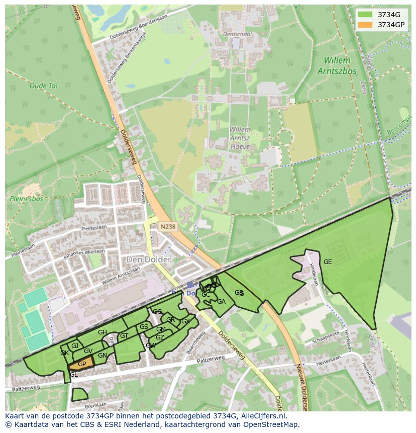 Afbeelding van het postcodegebied 3734 GP op de kaart.