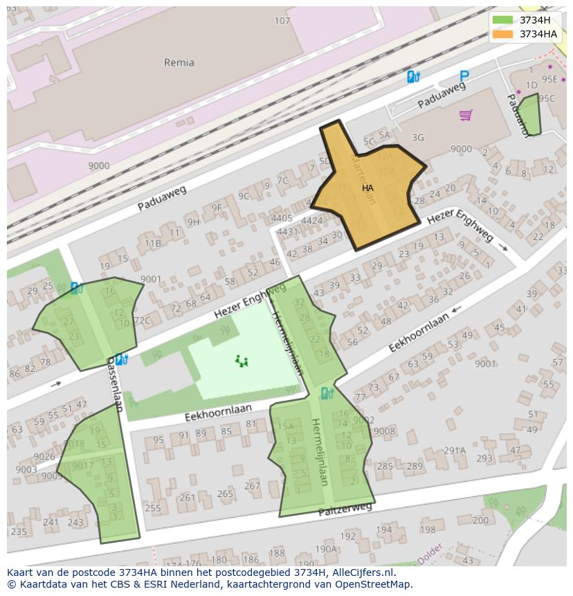 Afbeelding van het postcodegebied 3734 HA op de kaart.