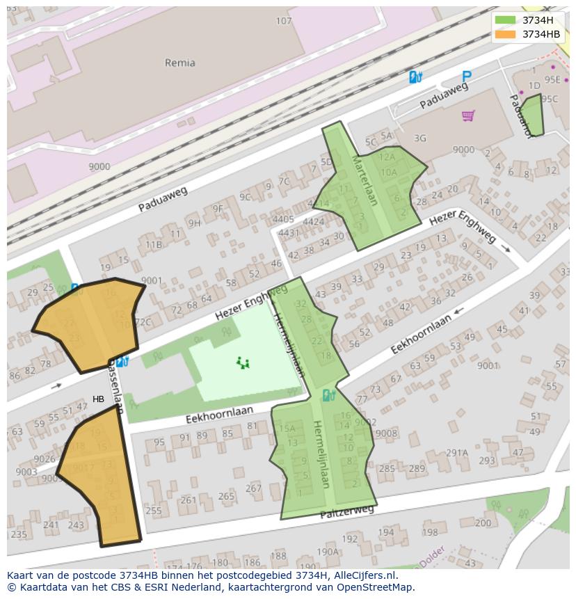 Afbeelding van het postcodegebied 3734 HB op de kaart.