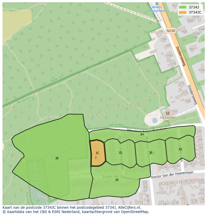 Afbeelding van het postcodegebied 3734 JC op de kaart.