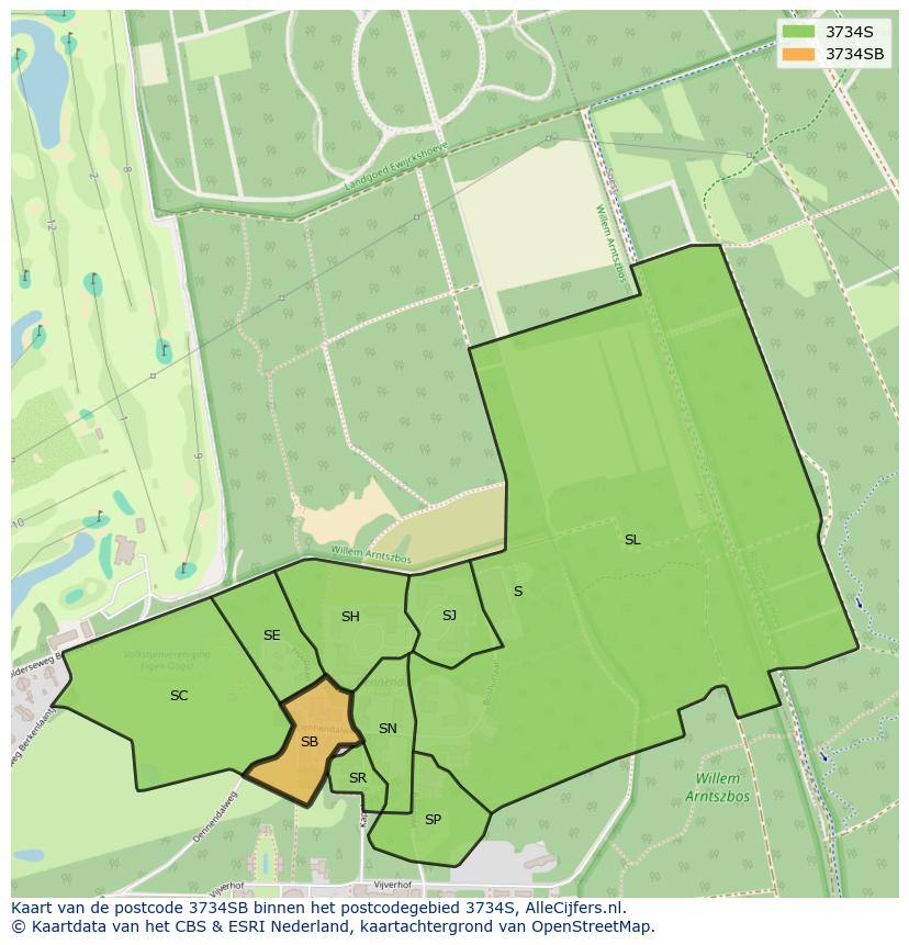 Afbeelding van het postcodegebied 3734 SB op de kaart.