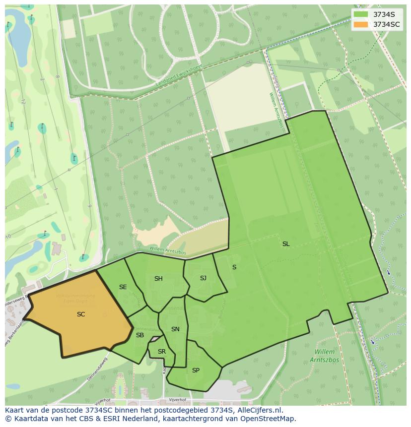 Afbeelding van het postcodegebied 3734 SC op de kaart.