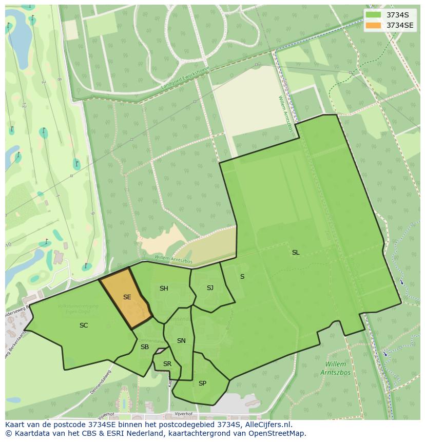 Afbeelding van het postcodegebied 3734 SE op de kaart.