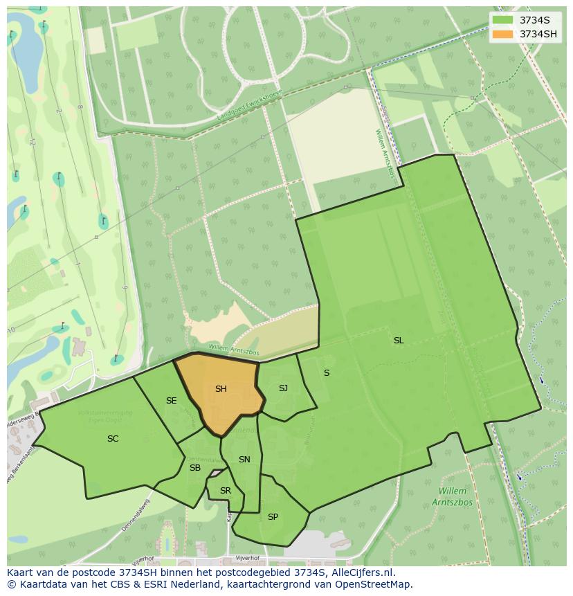 Afbeelding van het postcodegebied 3734 SH op de kaart.