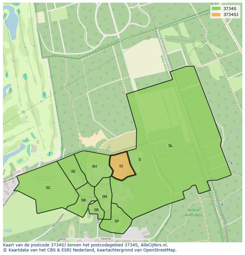 Afbeelding van het postcodegebied 3734 SJ op de kaart.