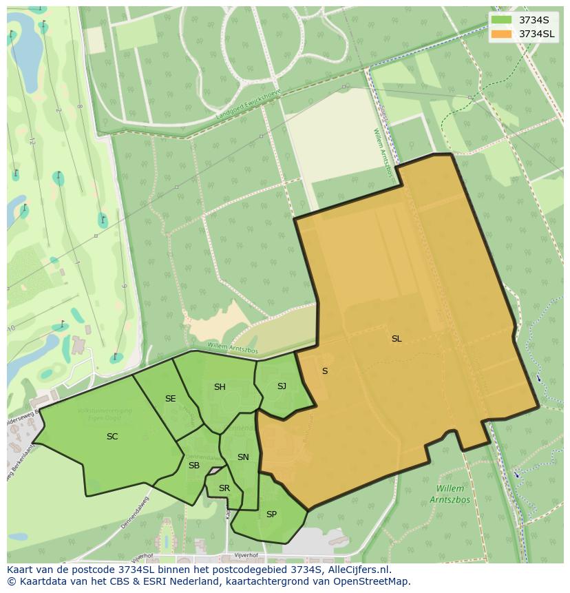 Afbeelding van het postcodegebied 3734 SL op de kaart.