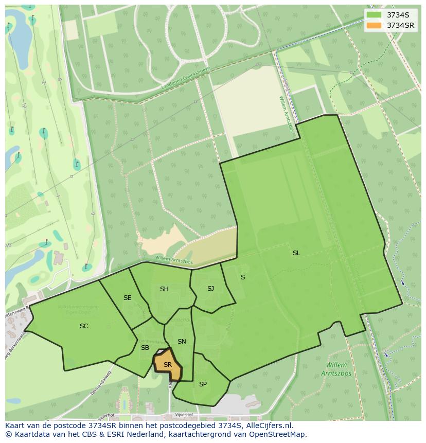 Afbeelding van het postcodegebied 3734 SR op de kaart.