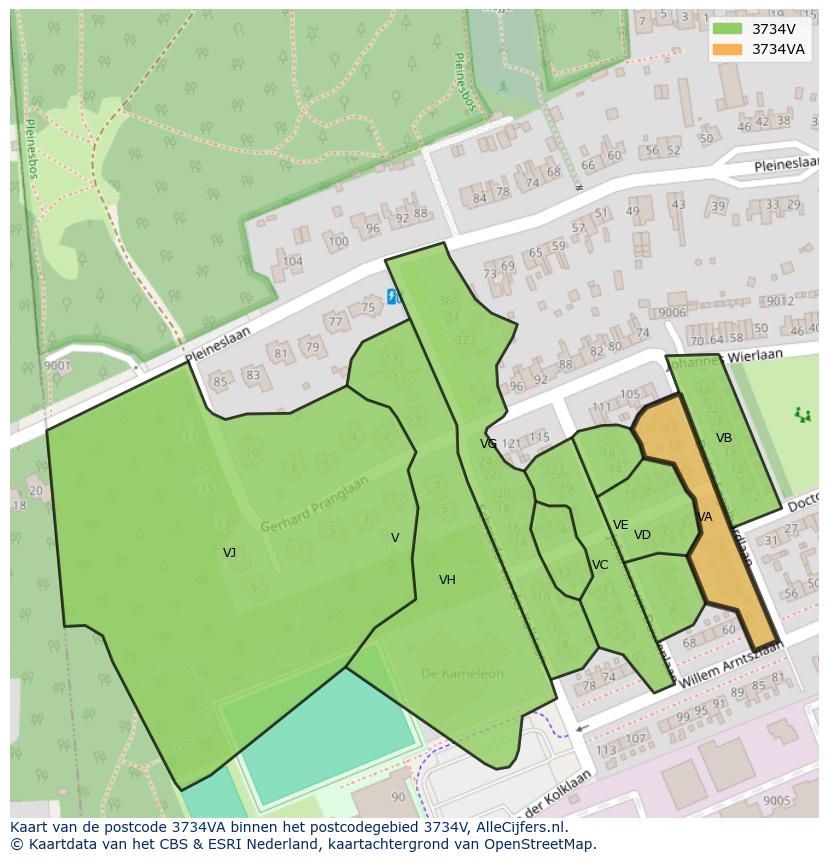 Afbeelding van het postcodegebied 3734 VA op de kaart.