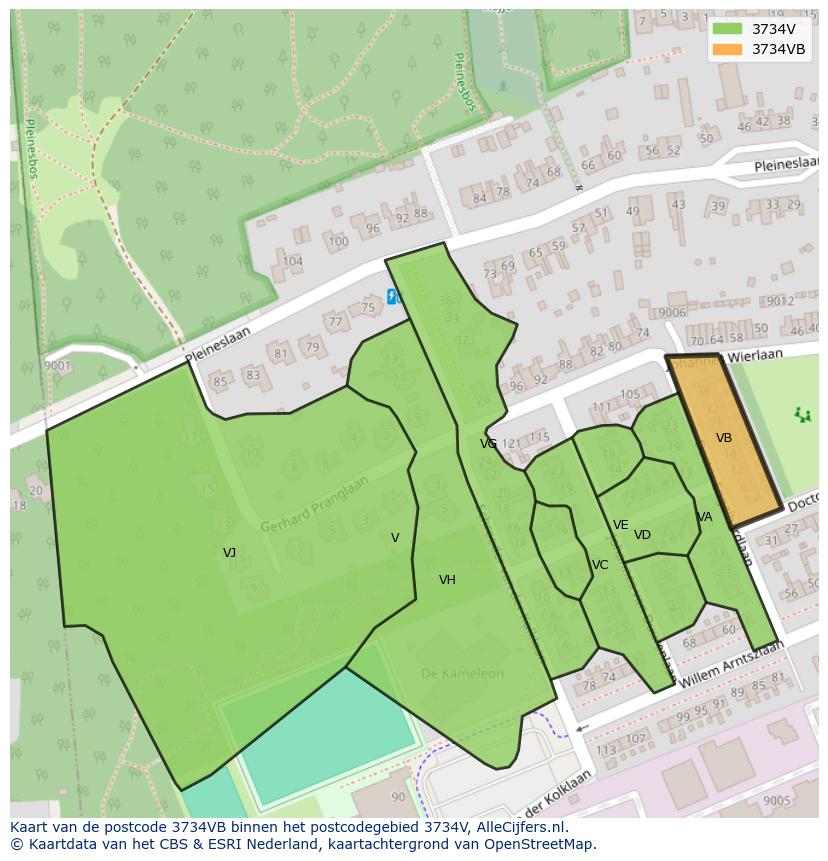 Afbeelding van het postcodegebied 3734 VB op de kaart.
