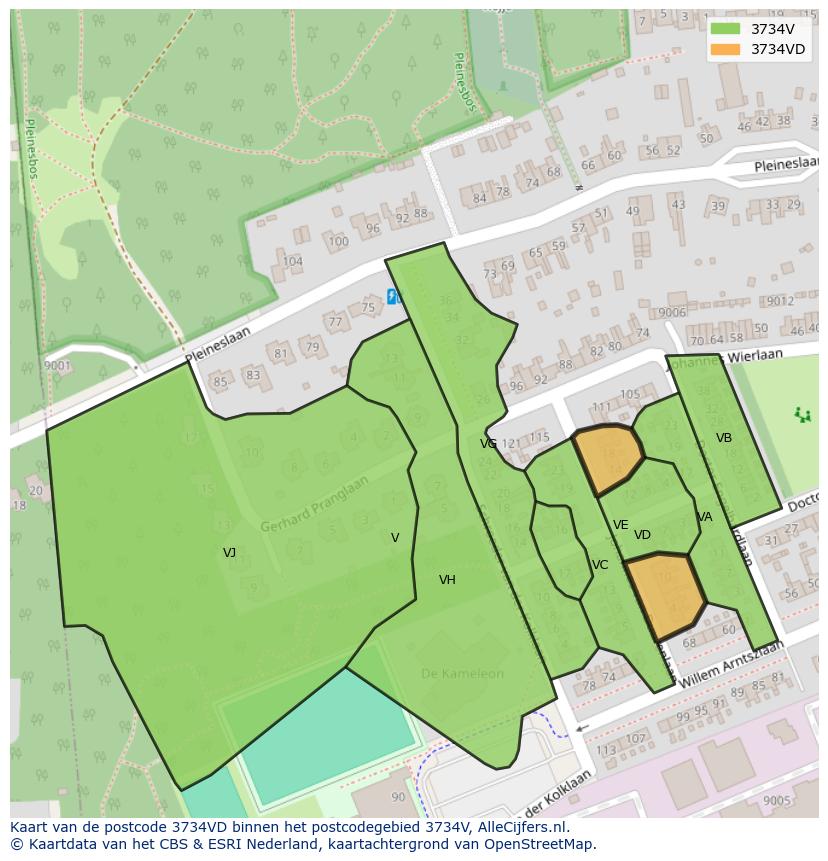 Afbeelding van het postcodegebied 3734 VD op de kaart.