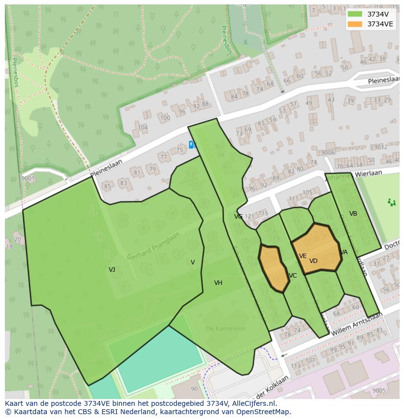 Afbeelding van het postcodegebied 3734 VE op de kaart.