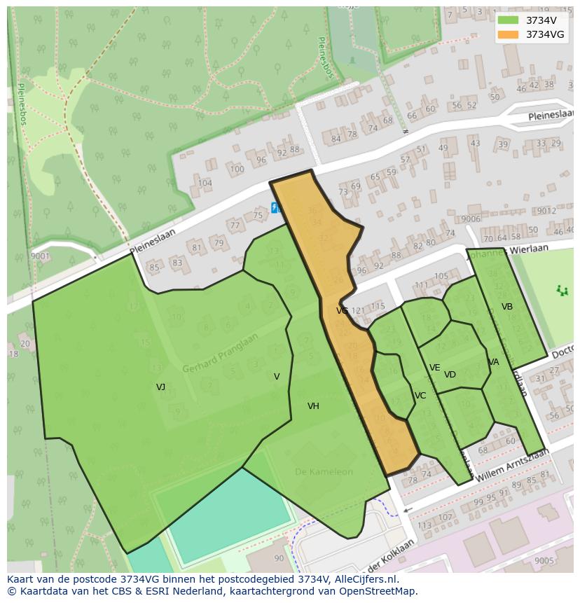 Afbeelding van het postcodegebied 3734 VG op de kaart.