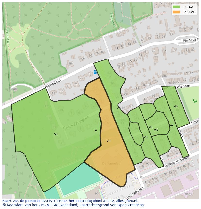 Afbeelding van het postcodegebied 3734 VH op de kaart.