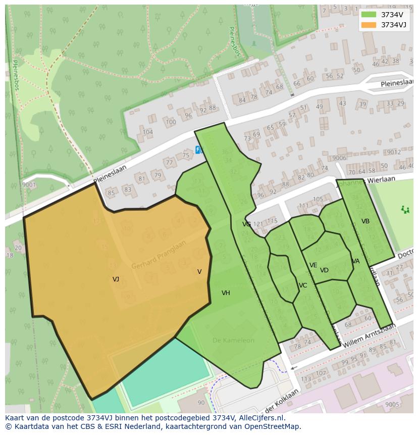 Afbeelding van het postcodegebied 3734 VJ op de kaart.