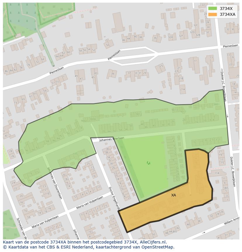 Afbeelding van het postcodegebied 3734 XA op de kaart.