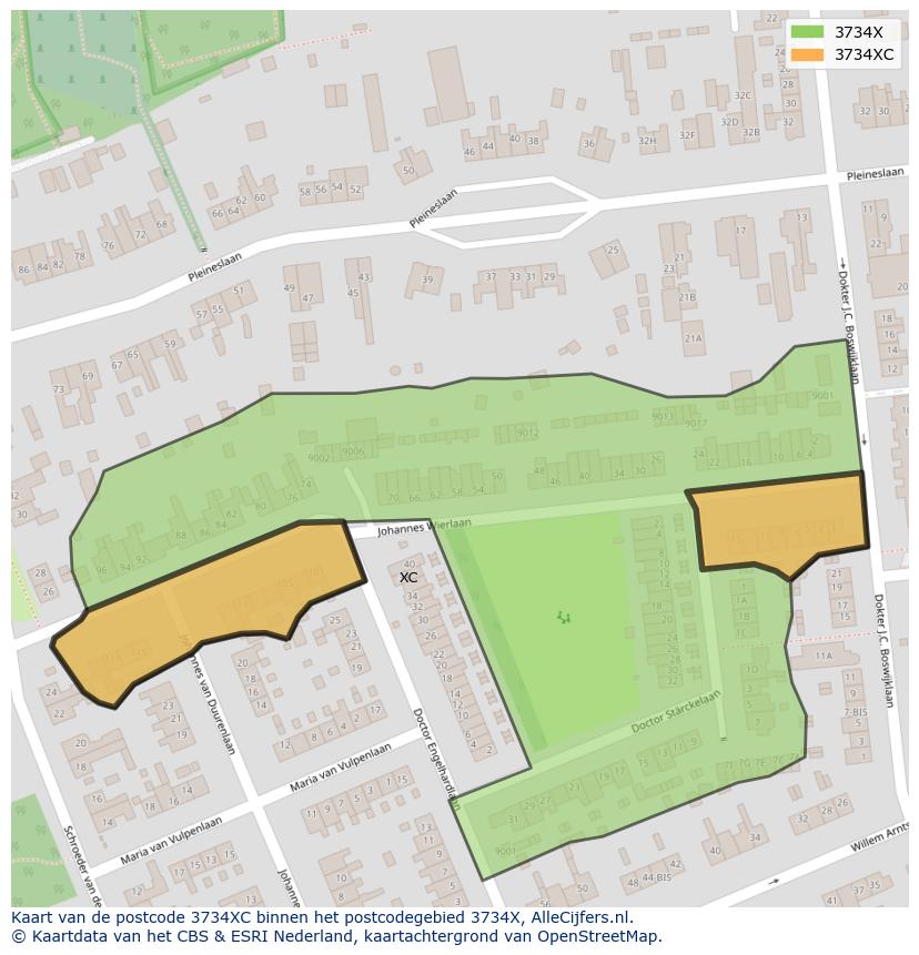 Afbeelding van het postcodegebied 3734 XC op de kaart.