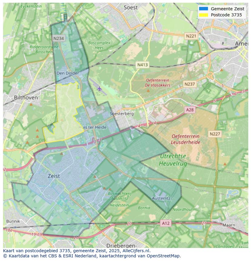 Afbeelding van het postcodegebied 3735 op de kaart.