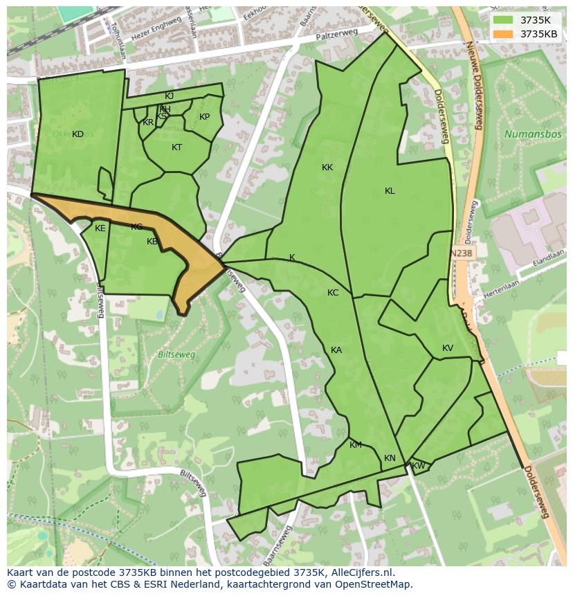 Afbeelding van het postcodegebied 3735 KB op de kaart.