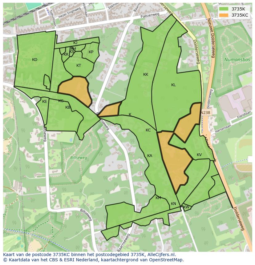 Afbeelding van het postcodegebied 3735 KC op de kaart.