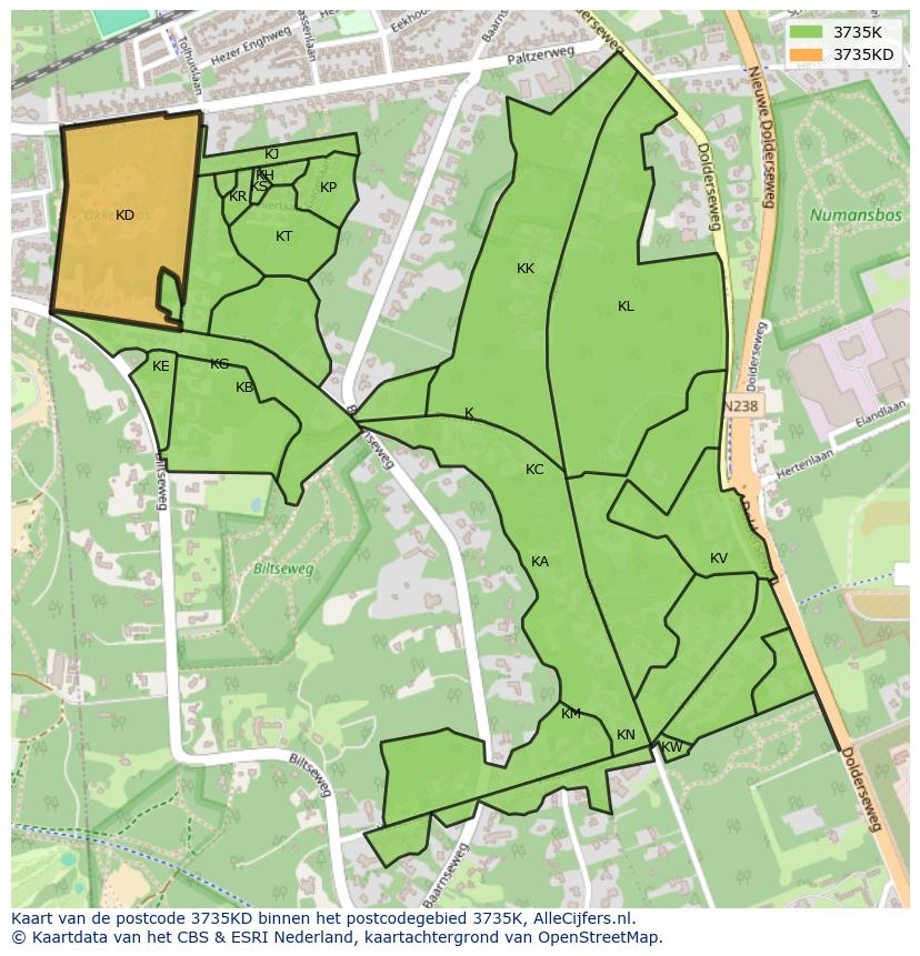 Afbeelding van het postcodegebied 3735 KD op de kaart.