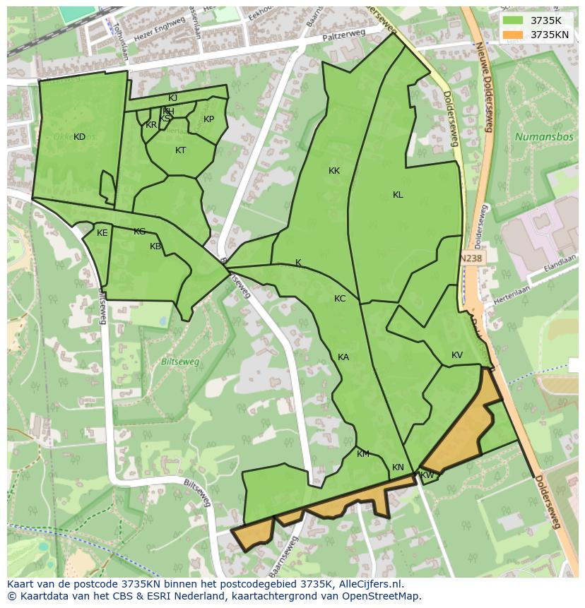 Afbeelding van het postcodegebied 3735 KN op de kaart.