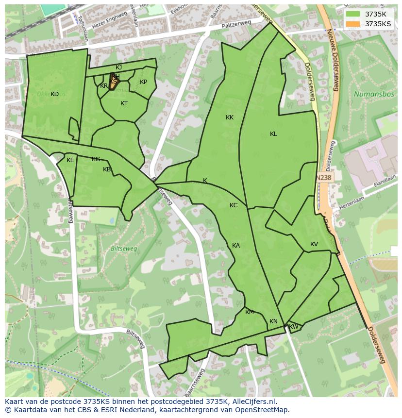 Afbeelding van het postcodegebied 3735 KS op de kaart.