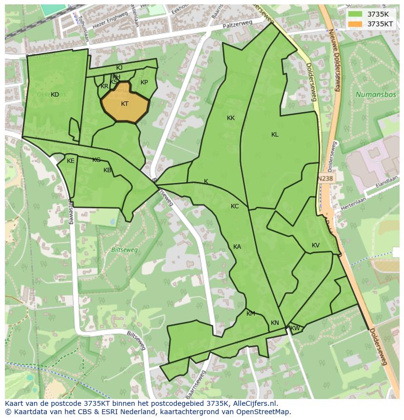 Afbeelding van het postcodegebied 3735 KT op de kaart.