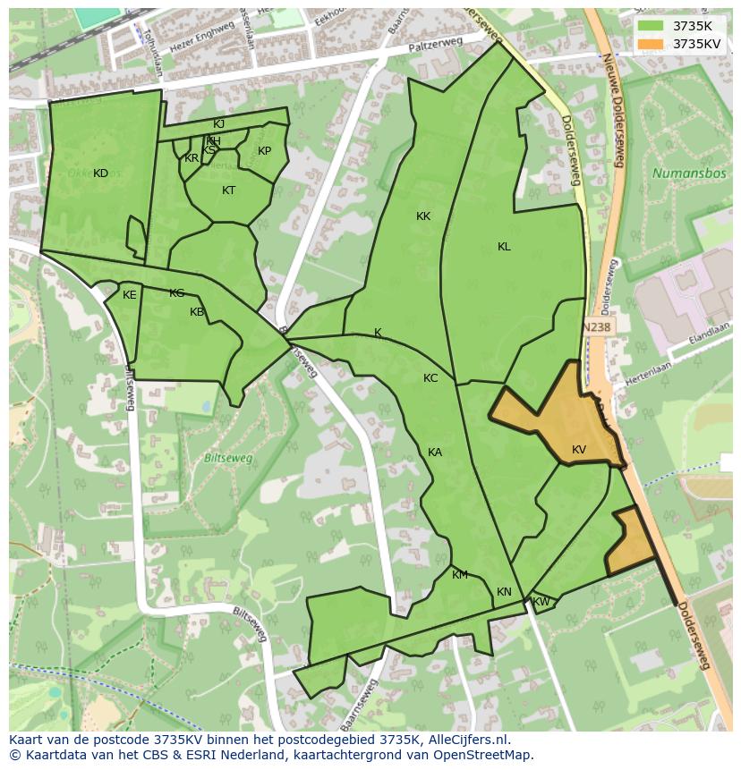 Afbeelding van het postcodegebied 3735 KV op de kaart.