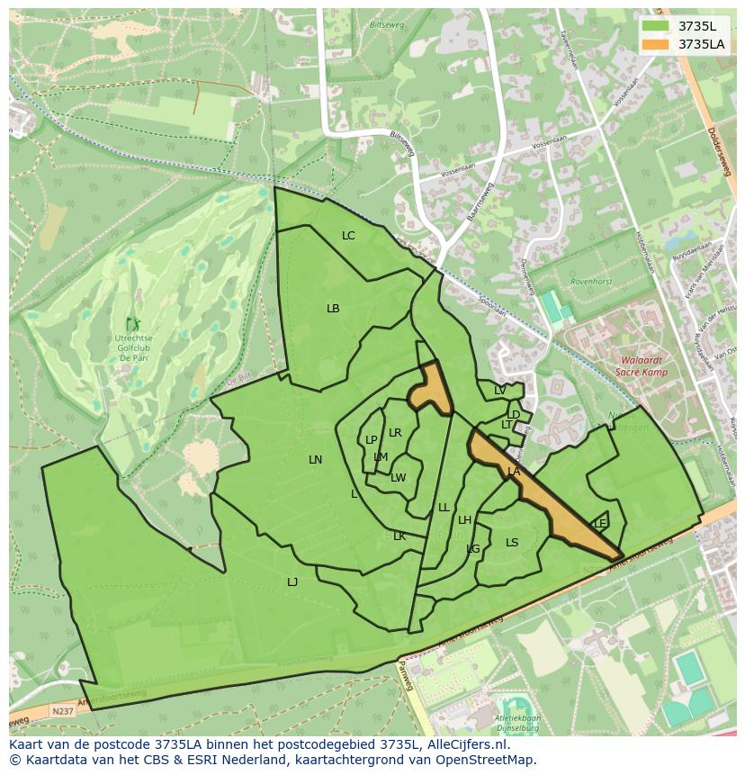 Afbeelding van het postcodegebied 3735 LA op de kaart.