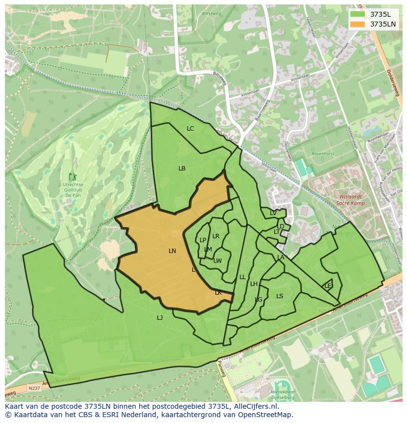 Afbeelding van het postcodegebied 3735 LN op de kaart.