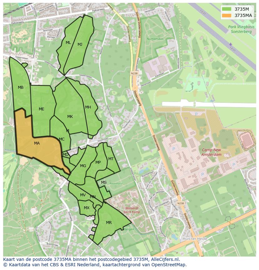 Afbeelding van het postcodegebied 3735 MA op de kaart.