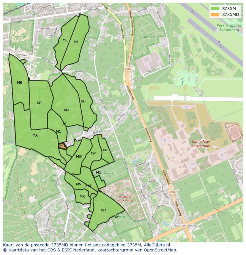 Afbeelding van het postcodegebied 3735 MD op de kaart.