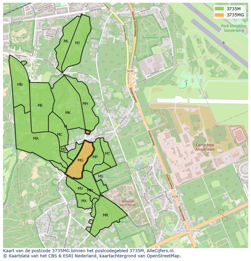 Afbeelding van het postcodegebied 3735 MG op de kaart.