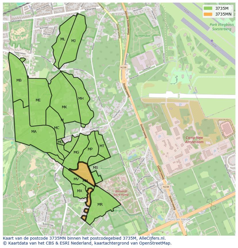Afbeelding van het postcodegebied 3735 MN op de kaart.
