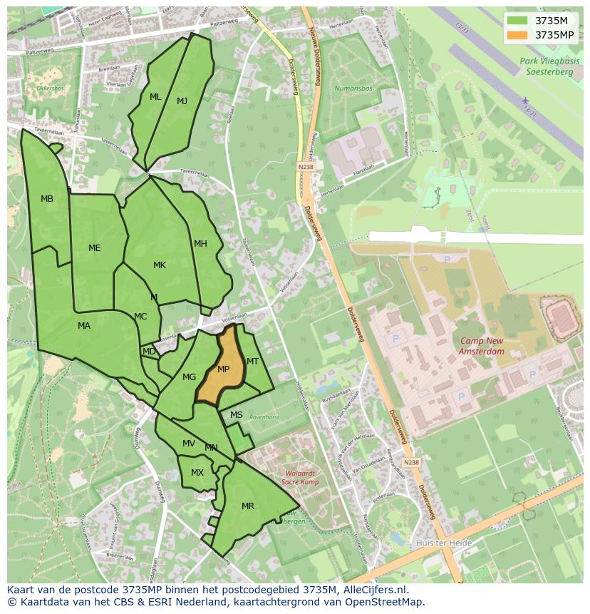 Afbeelding van het postcodegebied 3735 MP op de kaart.