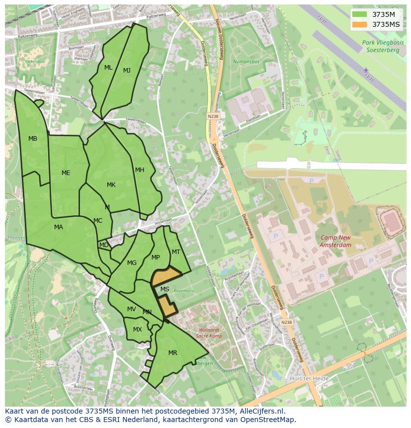 Afbeelding van het postcodegebied 3735 MS op de kaart.
